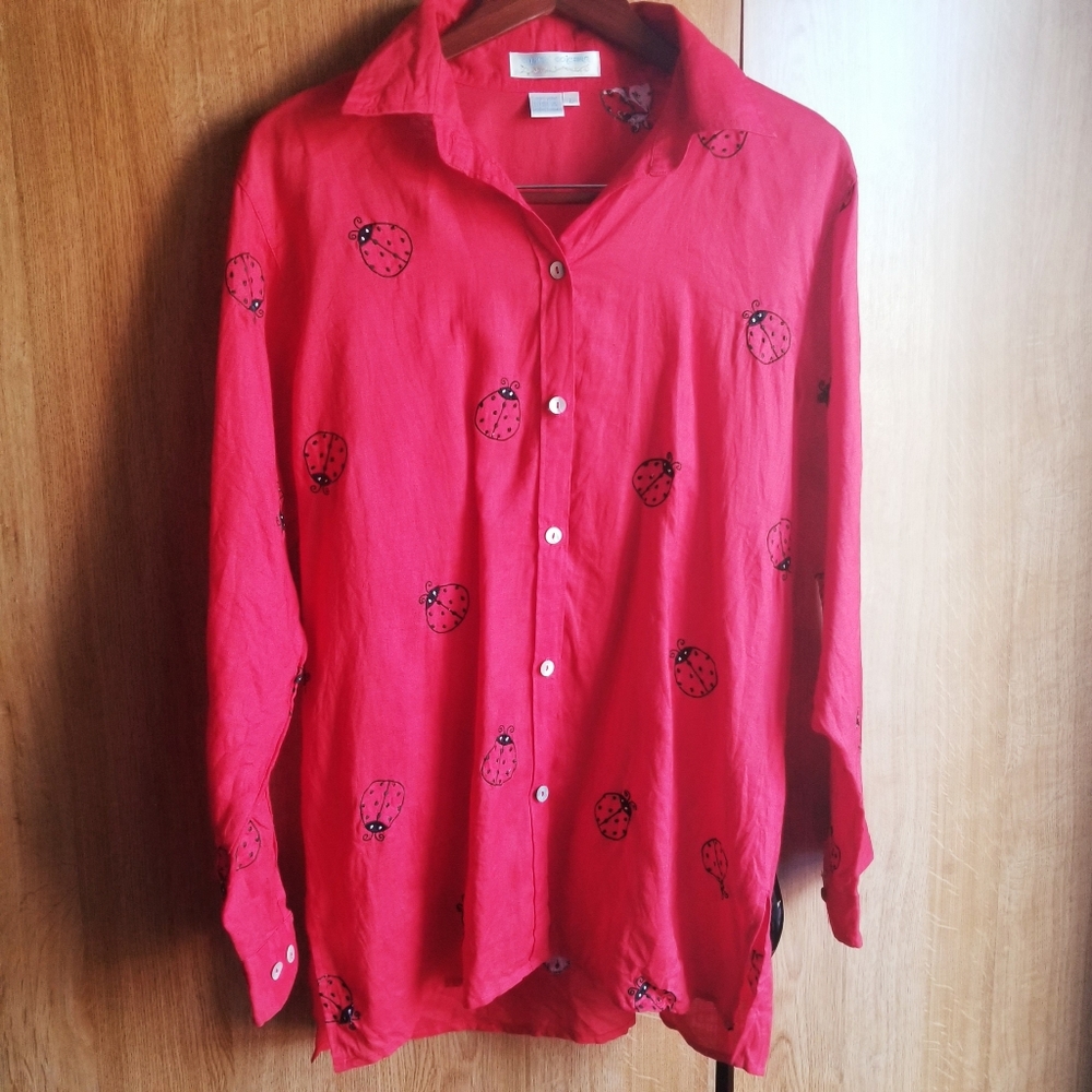 Casey Coleman Linen Embroidered Lady Bug Shirt L